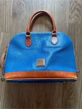 Dooney & Bourke Blue Pebbled Leather Satchel with Brown Trim and Handles